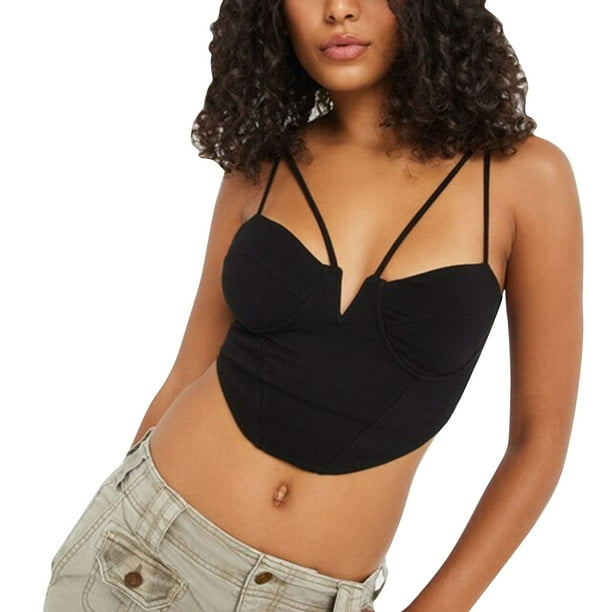 Top de tiras para mujer dobladillo irregular camiseta sin mangas corta de color puro con aros en el pecho para primavera y verano negro S Walmart en linea