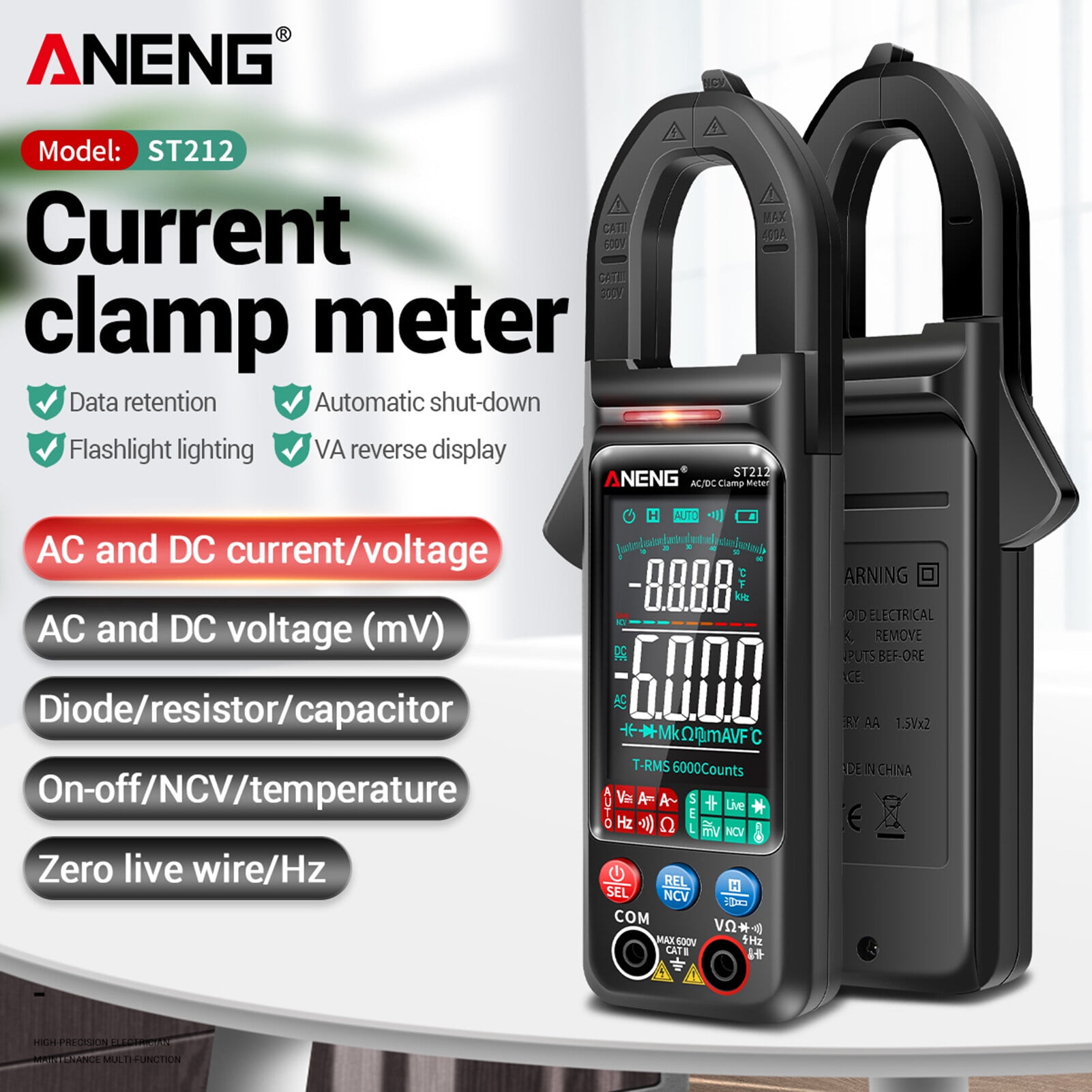 Aneng St212 Clamp Meter Intelligent Digital Clamp Multimeter 6000 Counts Smart Ac & Dc Voltmeter 400A Ammeter Va Colored Display Auto Clamp Type Tester Ncv Non- Voltage Measurer Resistance
