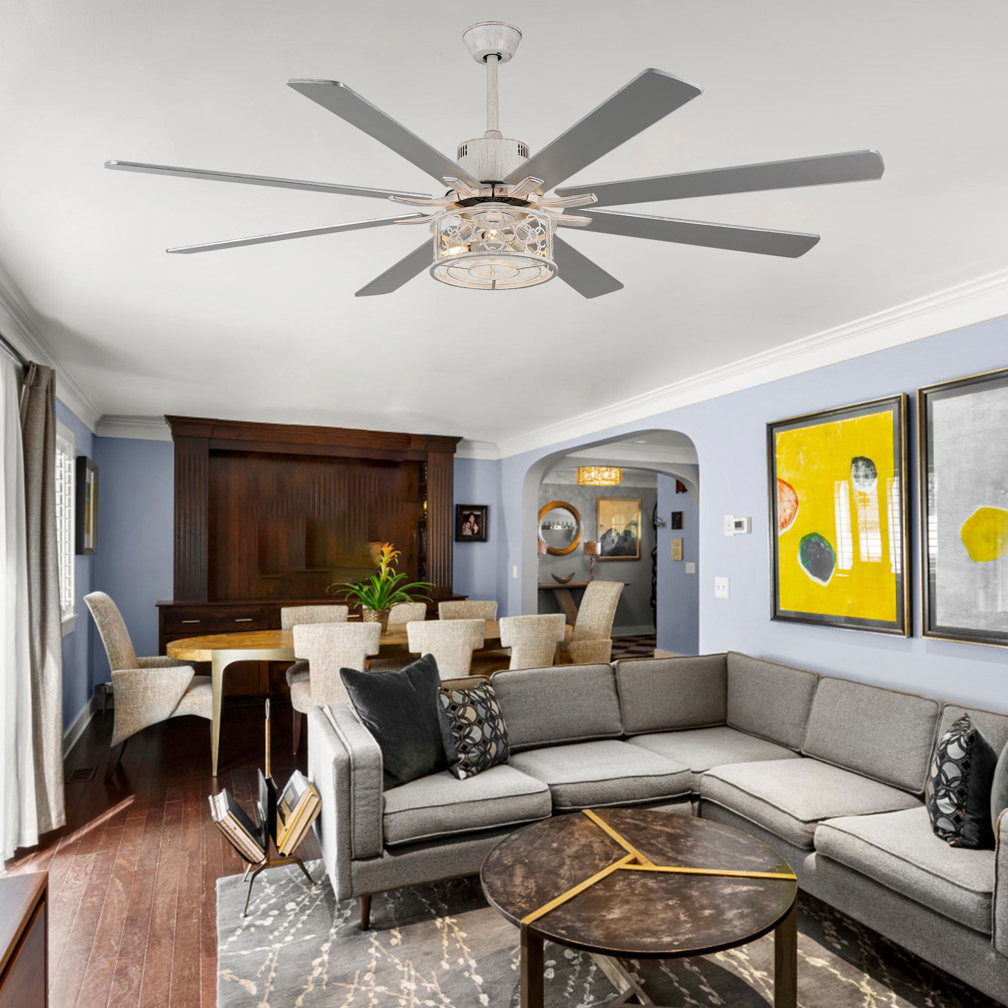 Bella Depot 72" Ceiling Fan 6-speed Farmhouse Metal Cage 3-Light Chandelier with Remote