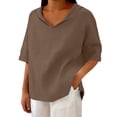 thumbnail image 2 of Womens Summer Tops V Neck Lapel Solid Color Cotton Linen Loose Hooded Top T Shirt Short Sleeve T Shirt, 2 of 6
