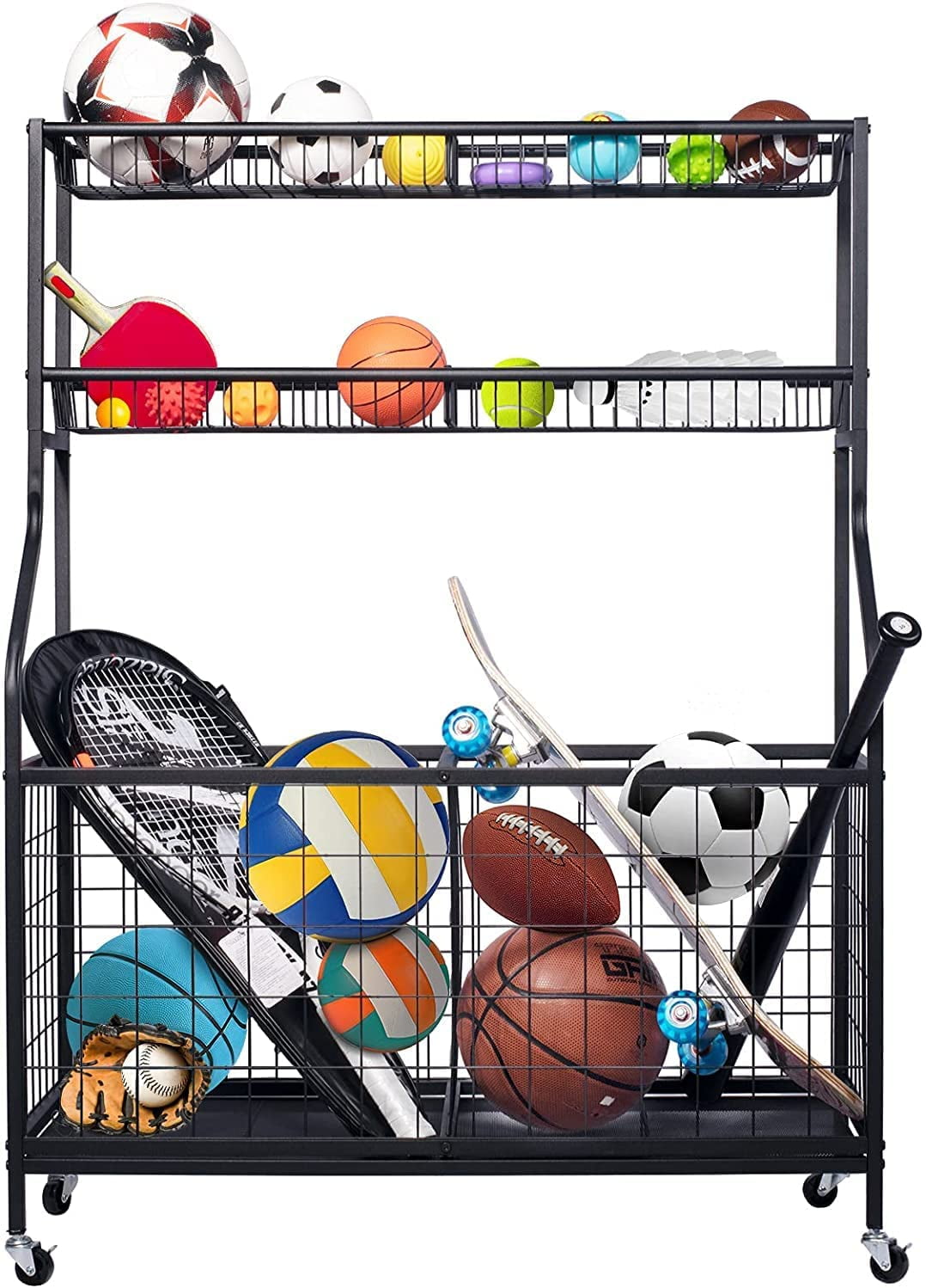 UHAPPYEE 3 Shelves Sports Equipment Storage Rack for Basketball/Football/Baseball Sport Equipment Organizer Garage Ball Storage with 2 PCS Single Ball Mesh Bag 