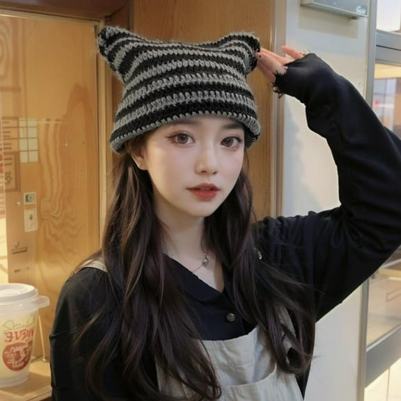Women Knitted Cat Beanie Striped Hat,Crochet Cat Ears Hat, Winter Cat Ear Beanie Accessories Beanie