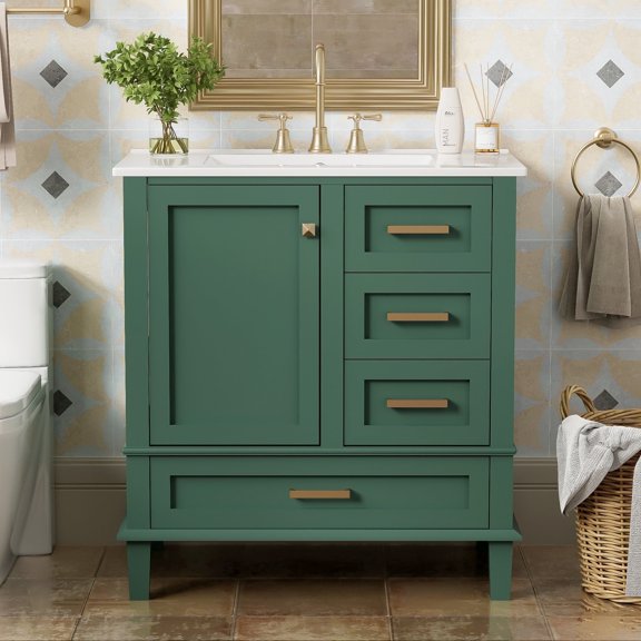 30" Modern Bathroom Vanity, Wood Vanity Cabinet with Ceramic Countertop Sink and 3 Drawers, Sink Cabinet Combo with Soft-Closing Door, for Small Place