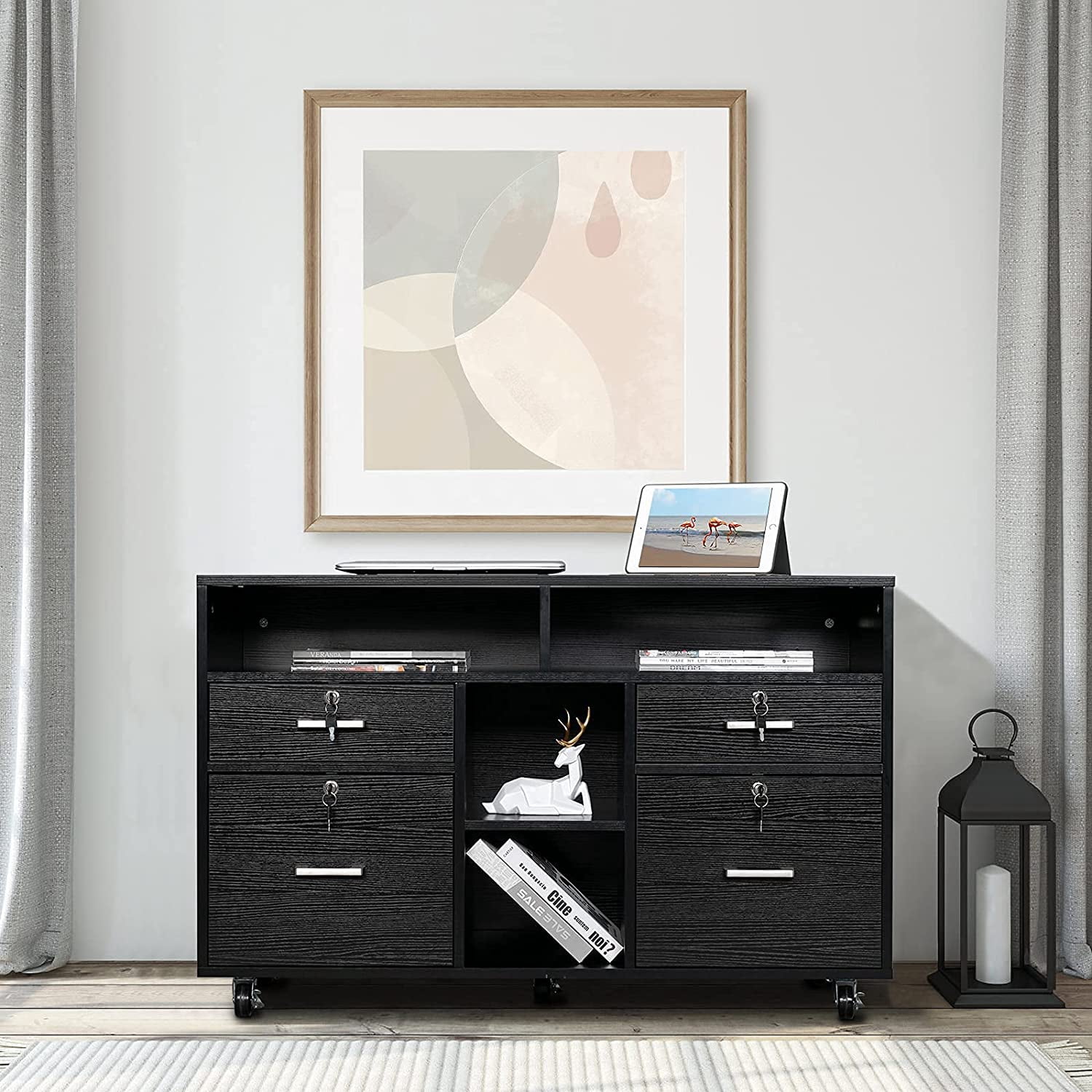 VINGLI Rolling 4-Drawer File Cabinet with Lock and Shelves, Wood Lateral Filling Printer Stand for Home Office, Black