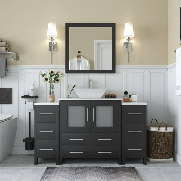 Vanity Art Coiffeuse de Salle de Bain 54 Po avec Lavabo Simple, Dessus en Marbre Manufacturé et Miroir Gratuit