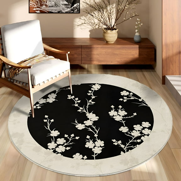 LAMIRO Round Rug Flower Black,31.5",Washable