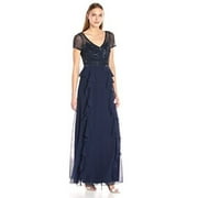 Adrianna Papell Short Sleeve Gown Beaded Bodice and Ruffle Skirt Detail, Navy, 6