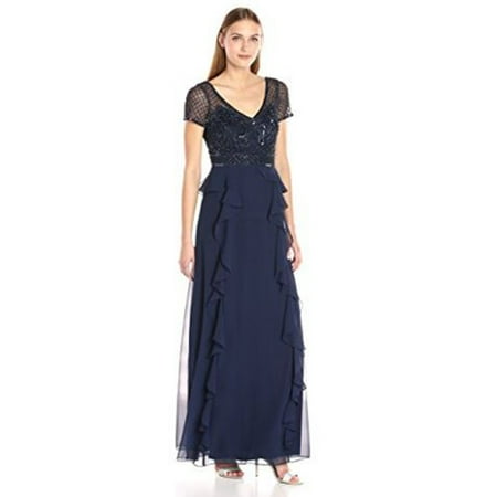 Adrianna Papell Short Sleeve Gown Beaded Bodice and Ruffle Skirt Detail, Navy, 6