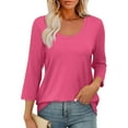 thumbnail image 2 of Olyvenn Women's Casual 3/4 Sleeve T-Shirts Round Neck Cute Tunic Tops Basic Tees Blouses Loose Fit Pullover Hot Pink XXL, 2 of 9