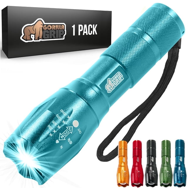 Gorilla Grip Potente LED 750 pies resistente al agua 5 modos ajustables linterna táctica, linternas de zoom ultrabrillantes de alto lúmenes, regalo de calcetín, pequeño camping coche mini luz flash tu