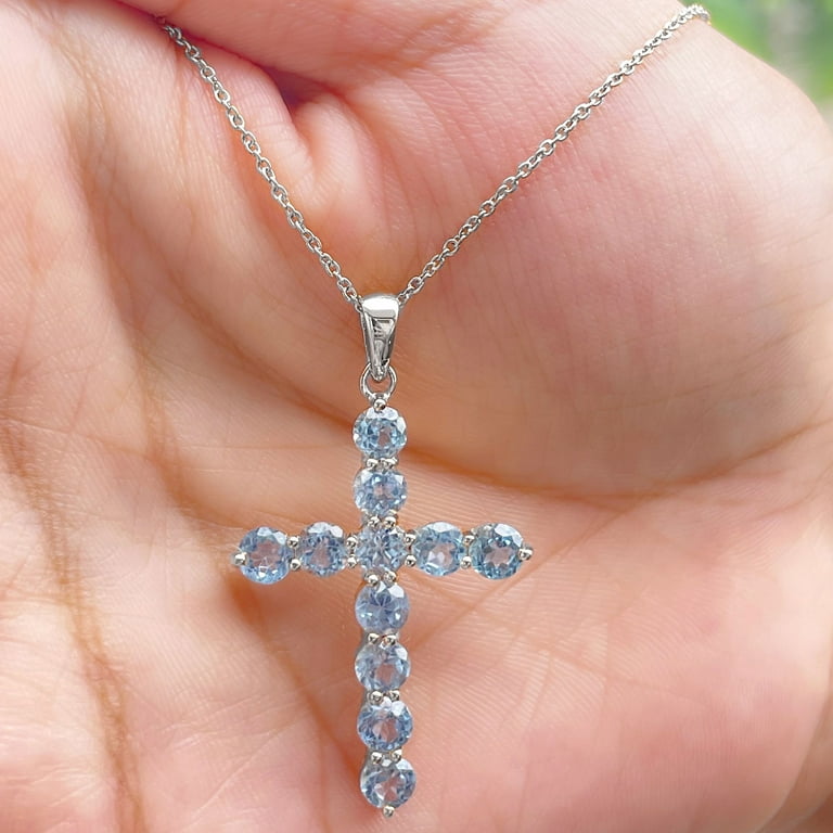 Aquamarine Cross Pendant for Women 2.75 CT March Birthstone Pendant 14K White Gold
