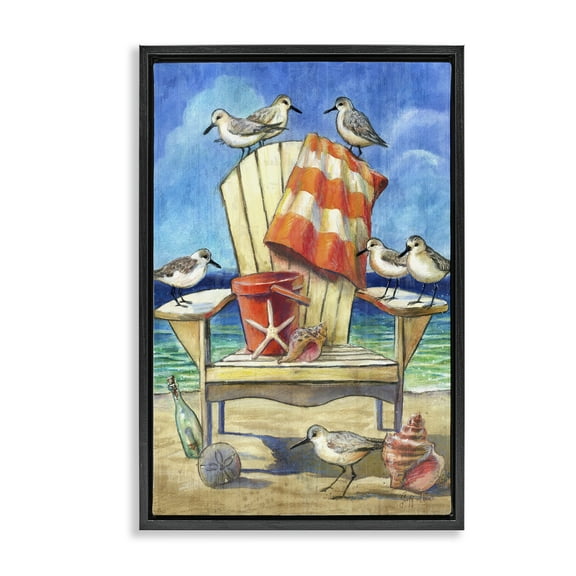 Stupell Industries Summer Beach Chair Seagulls Nautical & Beach Painting Black Floater Framed Canvas Art Print Wall Art, 17 x 25