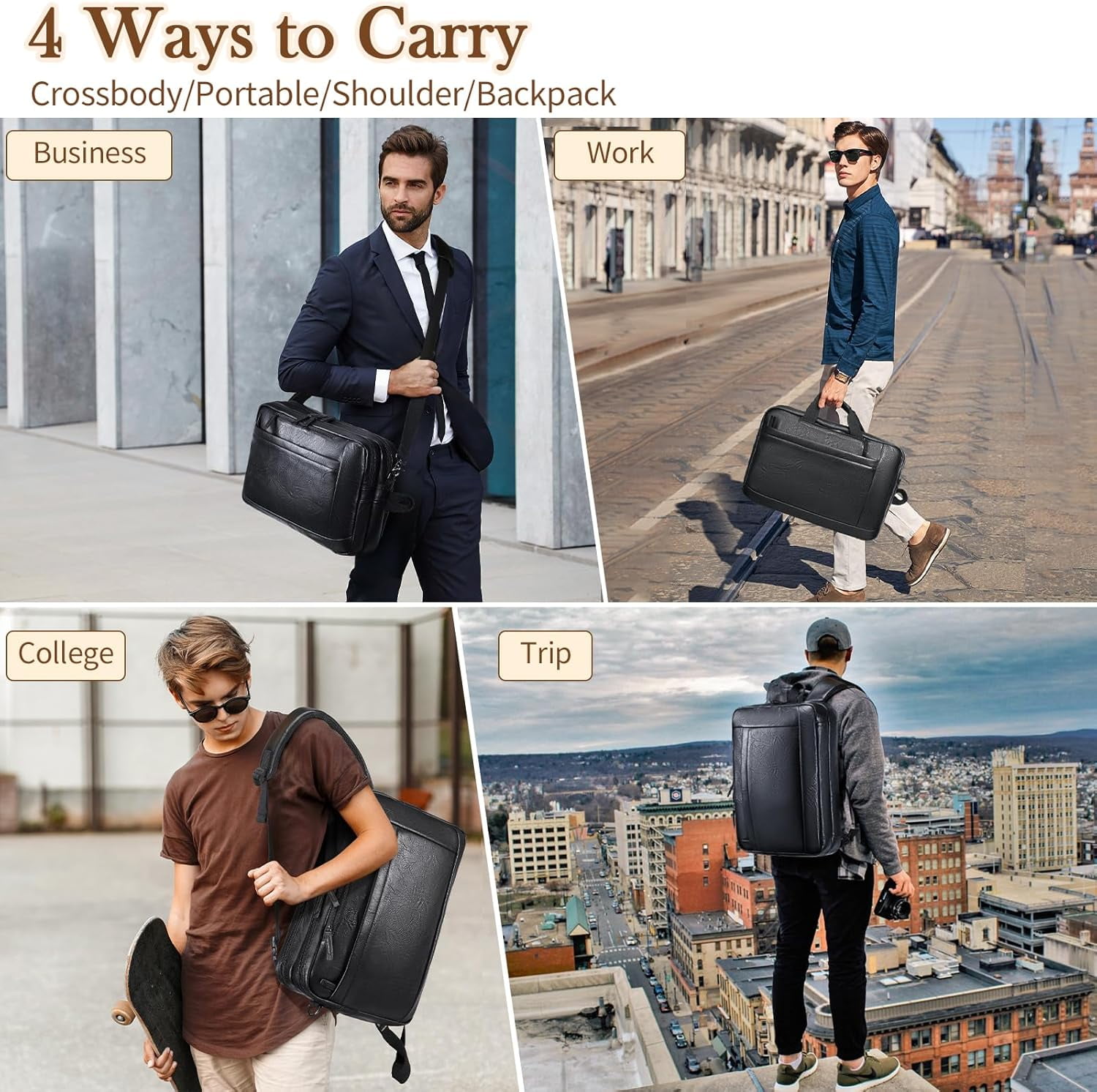 Faux Leather Messenger Bag for Men 17-17.3 Inch: Convertible 3 in 1 Backpack Laptop Briefcase Computer Handbags Shoulder CrossbodyBag with Padded for Work College Travel, PU Black