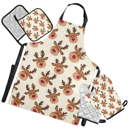 Ryvnso Cute Elk Reindeer Kitchen Apron Oven Mitts Set Pot Holders