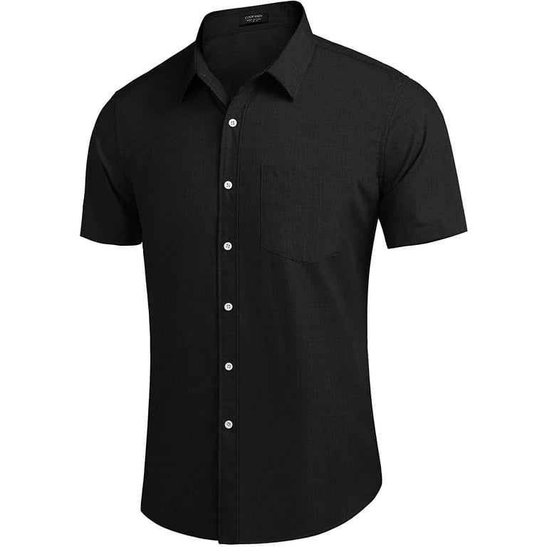 Coshow Men's Casual Linen Button Down Shirt Short Sleeve Beach Shirt,Dark  Black 
