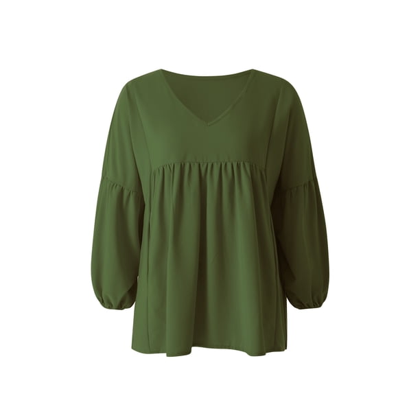 Sunloudy - Camiseta de verano con cuello en V para mujer, casual, manga larga, color sólido, túnica holgada Sunloudy moda