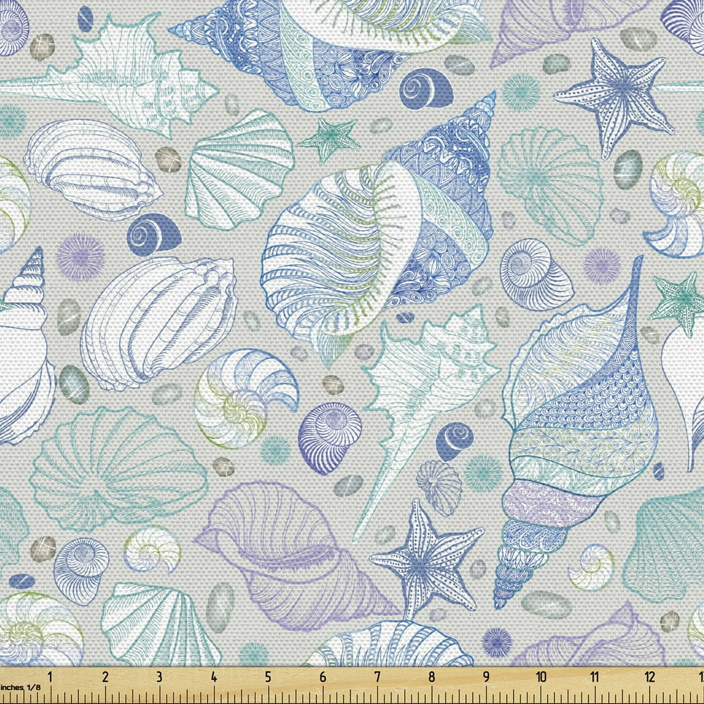 Shells Fabric by the Yard, Assortment of Colorful Marine Habitants