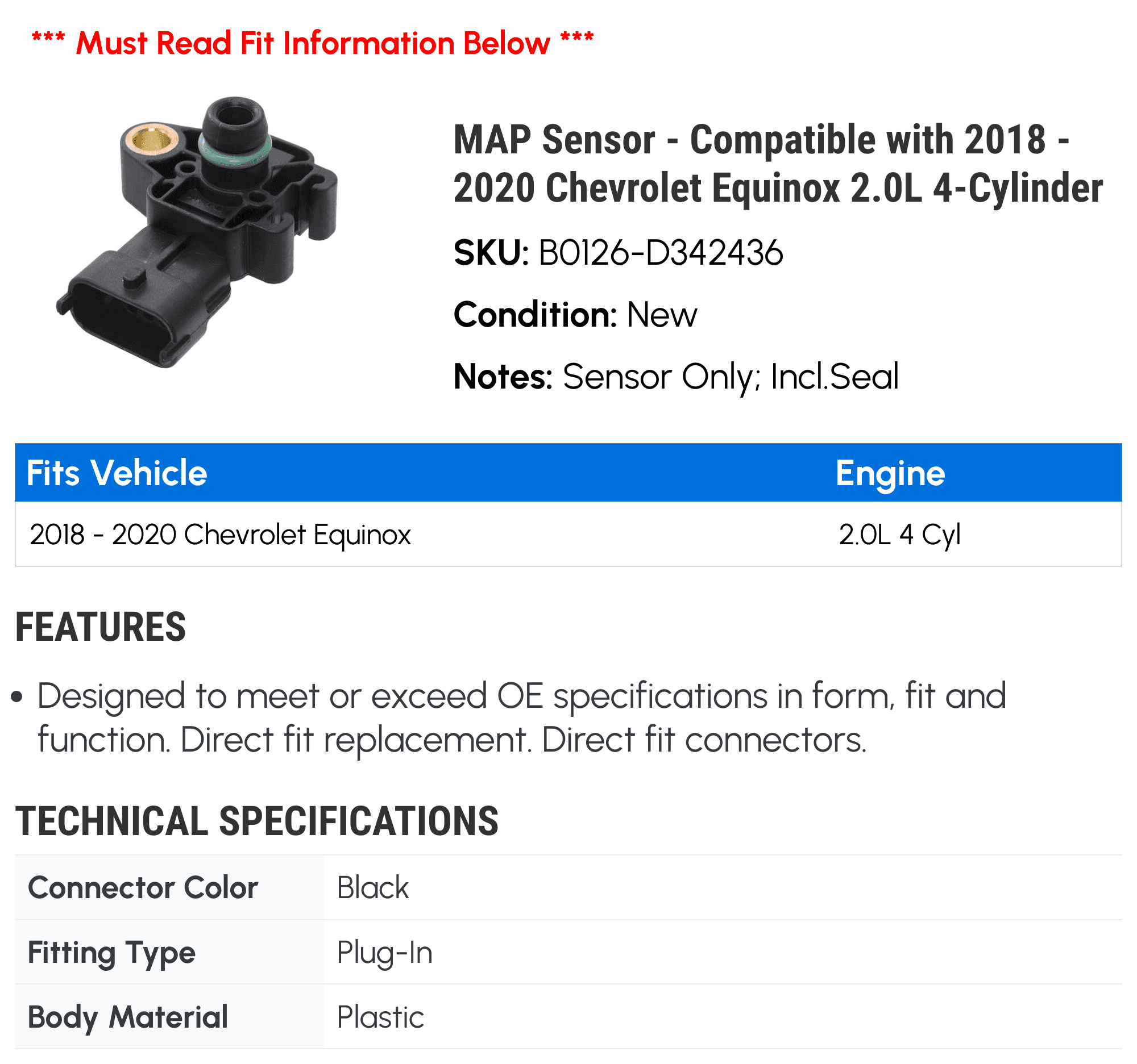 MAP Sensor - Compatible with 2018 - 2020 Chevy Equinox 2.0L 4-Cylinder 2019