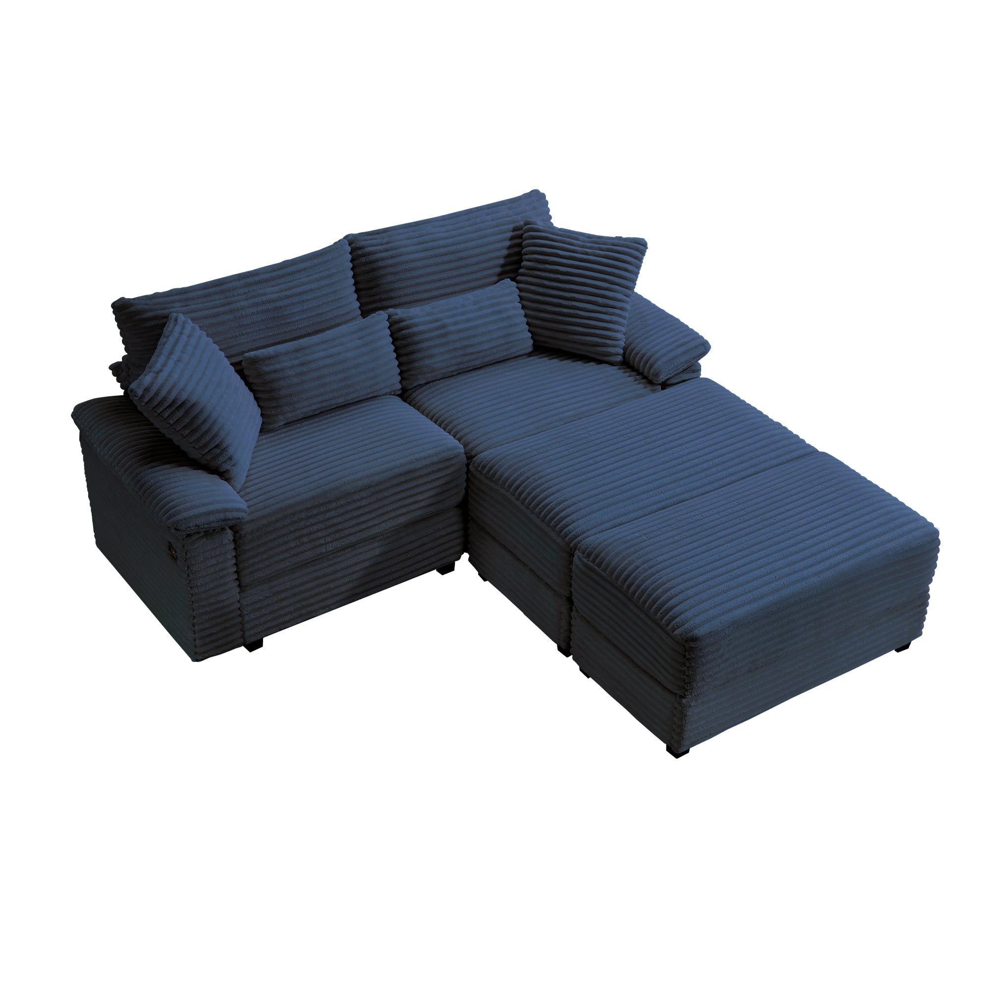 Alvantor 74" Sofa Loveseat with Reversible Ottoman & USB Port Corduroy Chaise Couch for Living Room Dark Blue