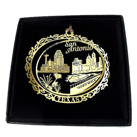 San Antonio Texas Brass Ornament Black Leatherette Gift Box
