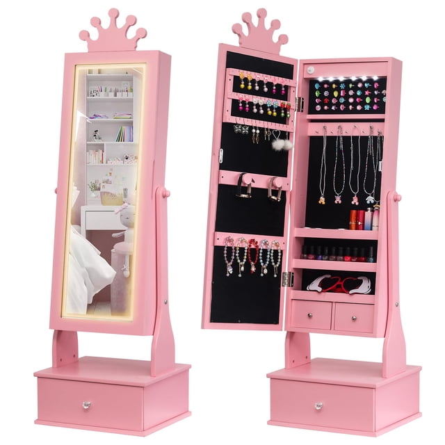 yeshouse armario joyero infantil con espejo de cuerpo entero, 117 cm, 3 cajones, organizador independiente para niñas rosa: vista frontal y abierta de gabinete joyero vertical con corona decorativa y espejo de cuerpo entero iluminado por LED; interior forrado en negro con espacio para anillos, 9 collares, 5 ganchos, rack de pendientes de 42 ranuras, estantes y tres cajones pequeños; base con cajón amplio y acabado rosa lacado, apto para dormitorio infantil y juego de vestirse, suitable para guardar accesorios y maquillaje.