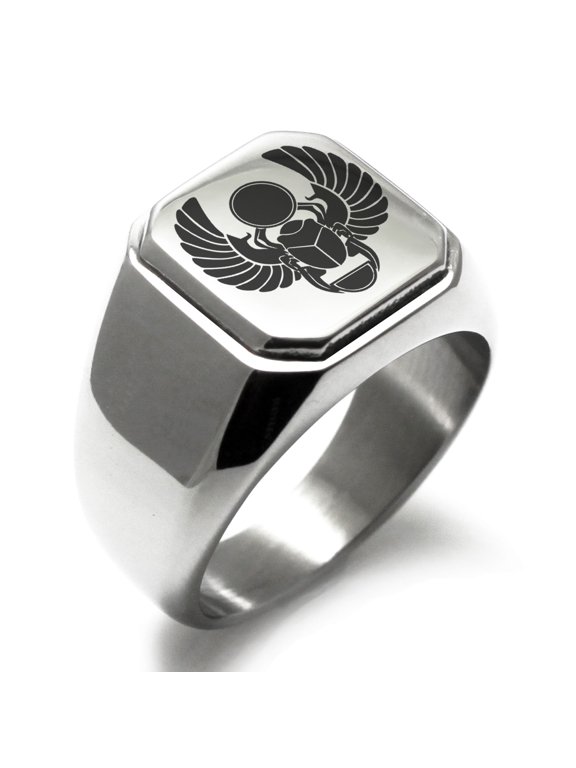 Stainless Steel Scarab Beetle Sacred Sun Engraved Square Flat Top Biker Style Polished Signet Ring