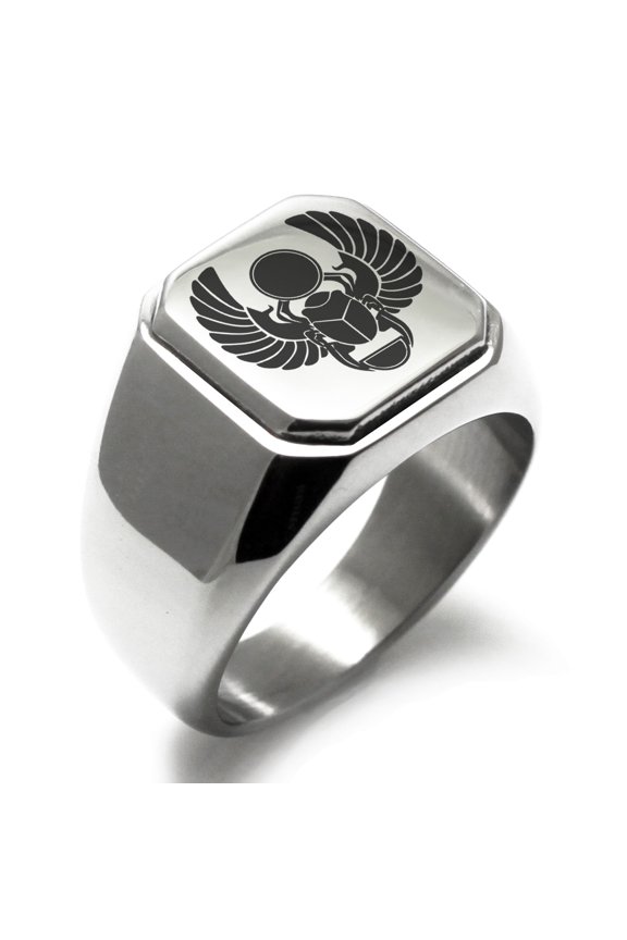 Stainless Steel Scarab Beetle Sacred Sun Engraved Square Flat Top Biker Style Polished Signet Ring