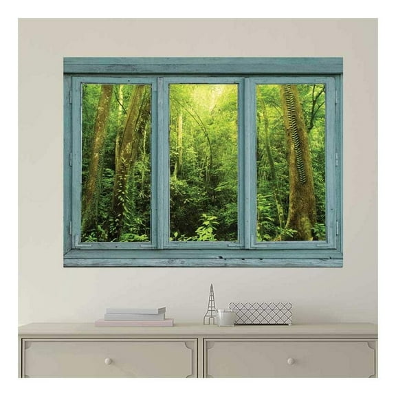 wall26 - Vintage Teal Window Looking Out Into a Green Jungle - Wall Mural, Removable Sticker, Home Decor - 24x32 inches