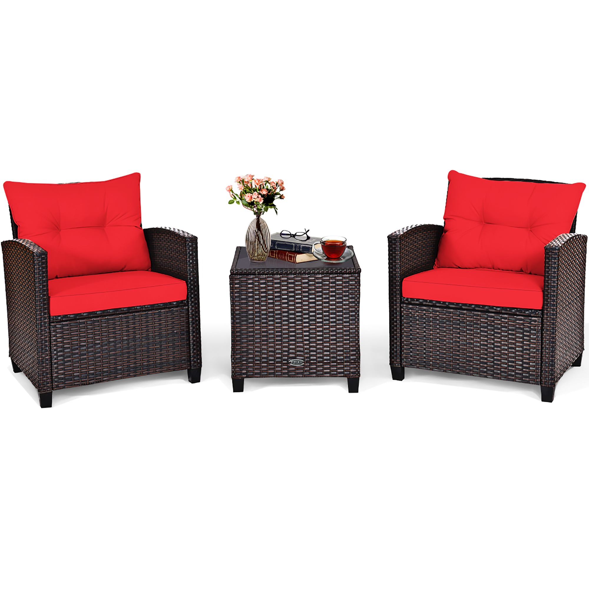 Costway 3PCS Patio Rattan Furniture Set Cushioned Conversation Set Sofa Coffee Table Red - image 2 of 10