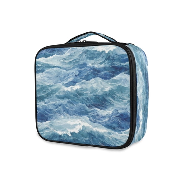 FORMRS Travel Makeup Bag Large Capacity Train Case Cosmetic Organizer with Adjustable Dividers, Blue Watercolor Ocean Waves