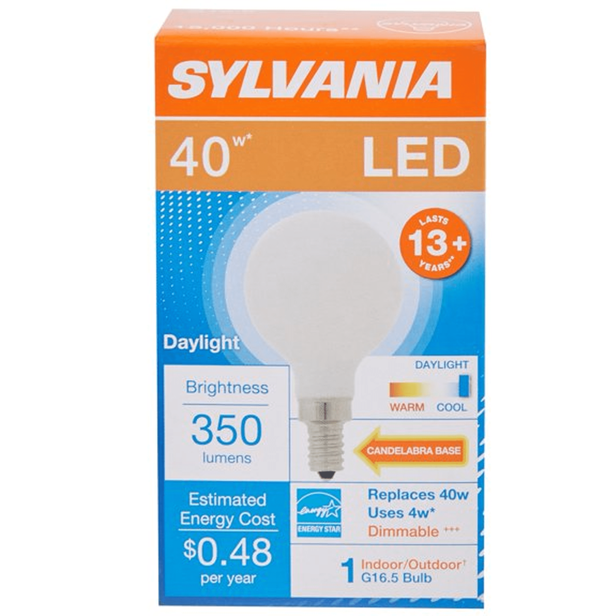 (8 bulbs) Sylvania 40362 LED G16.5 Globe, 40 watt equivalent, Indoor Outdoor, Dimmable, Daylight, Candelabra Base, 350 Lumens LED Light Bulb