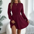 thumbnail image 2 of Womens Crew Neck Long Sleeve Spring Fall Dresses,Women's Fashion Casual Twisted Knit Fitted Waist Sweater A-line Skirt Round Neck Long Sleeve Solid Color Dress Wine, 2 of 8