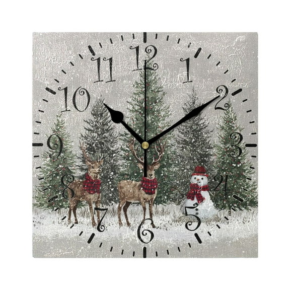 7.78in Square Artistic Wall Clock Dual-Purpose Tabletop & Hanging Decor Silent Non-Ticking Clocks for Home Office 11111111 Christmas Deer and Snowmen