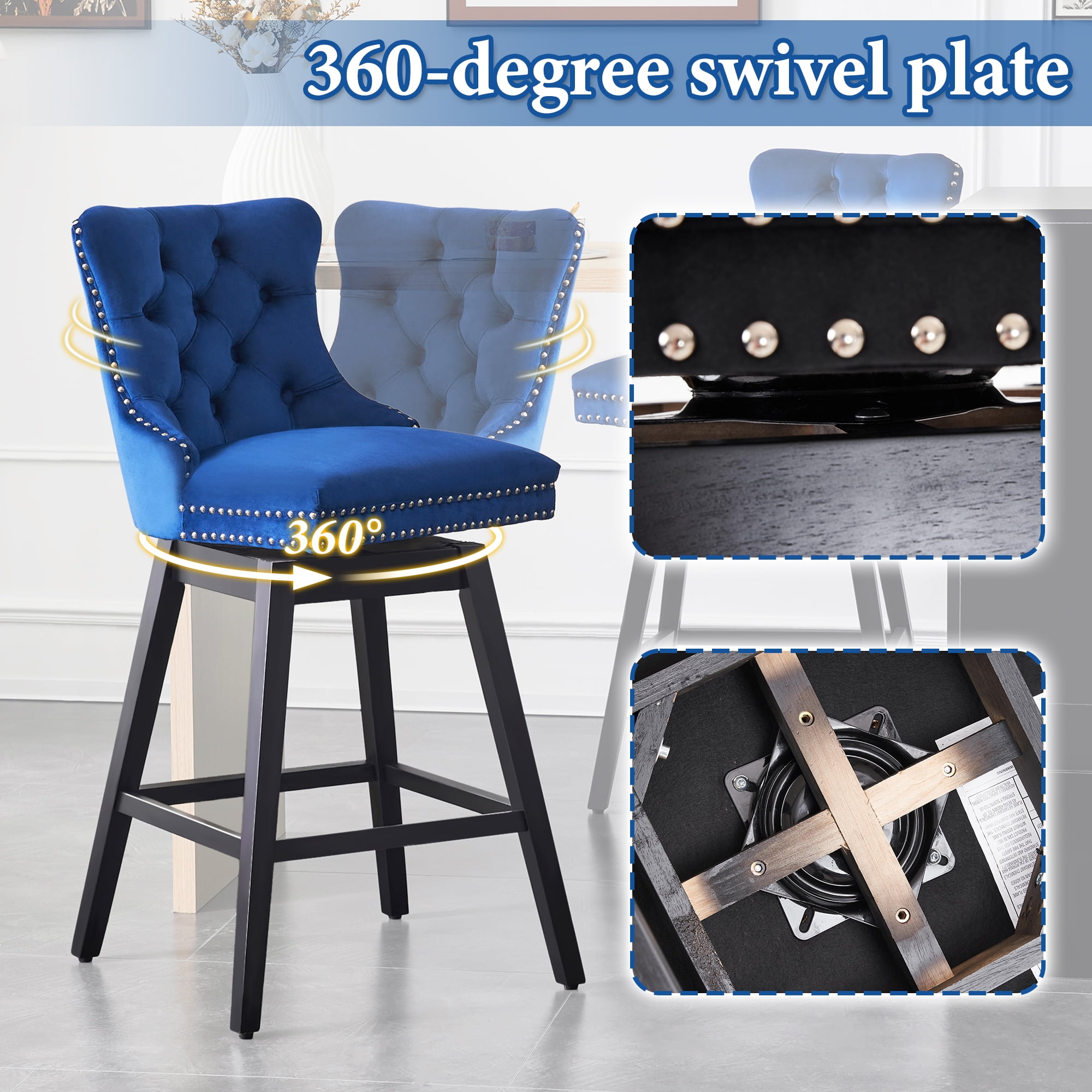 TEWLOSS 26" Swivel Counter Height Bar Stools Set of 4, Blue Velvet Kitchen Stools with Back