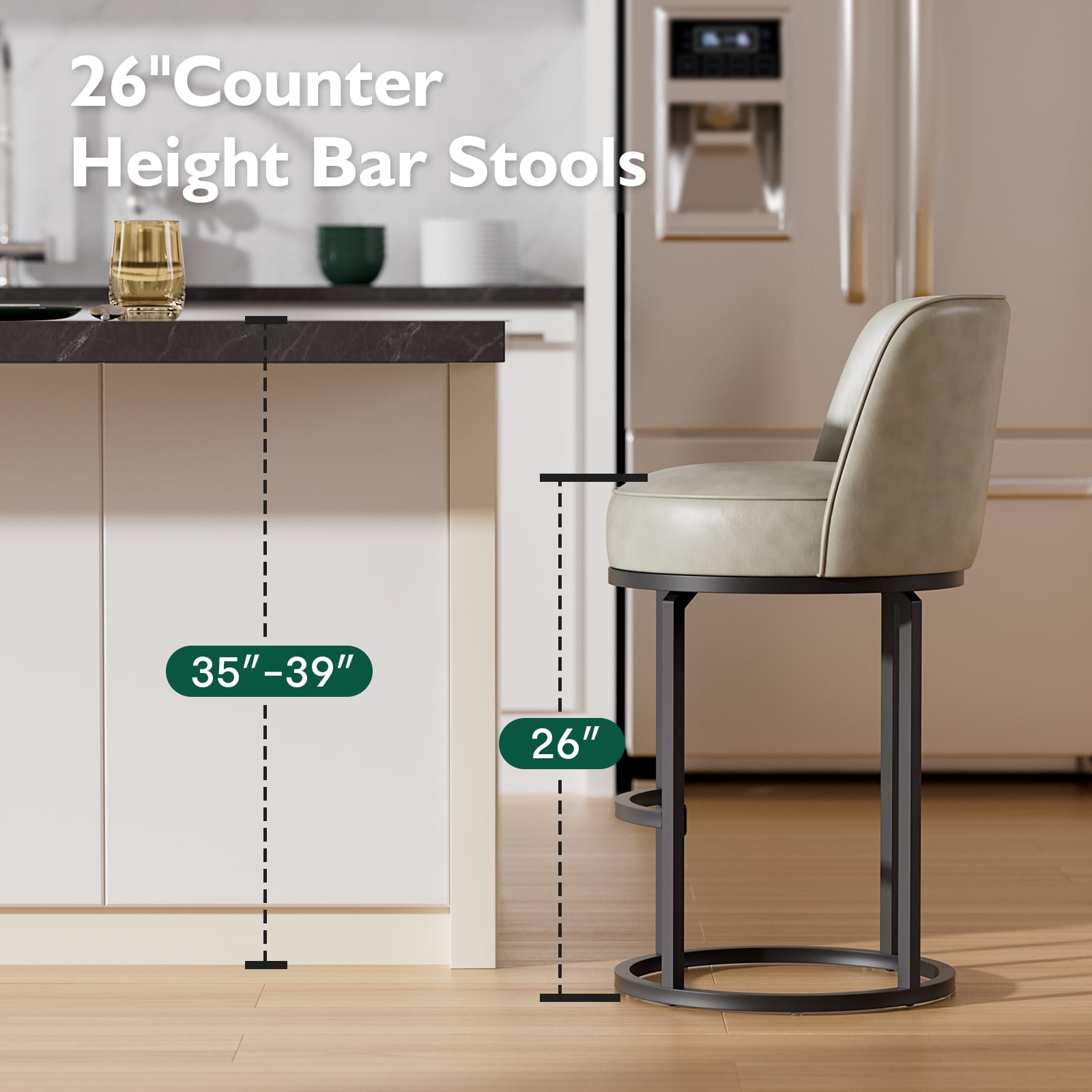 Genpo Bar Stools Set of 2, 26 inch Counter Height Bar Stools, Swivel Gray Leather Barstools with Backs, Round Base, Footrest, Metal Legs for Kitchen Island