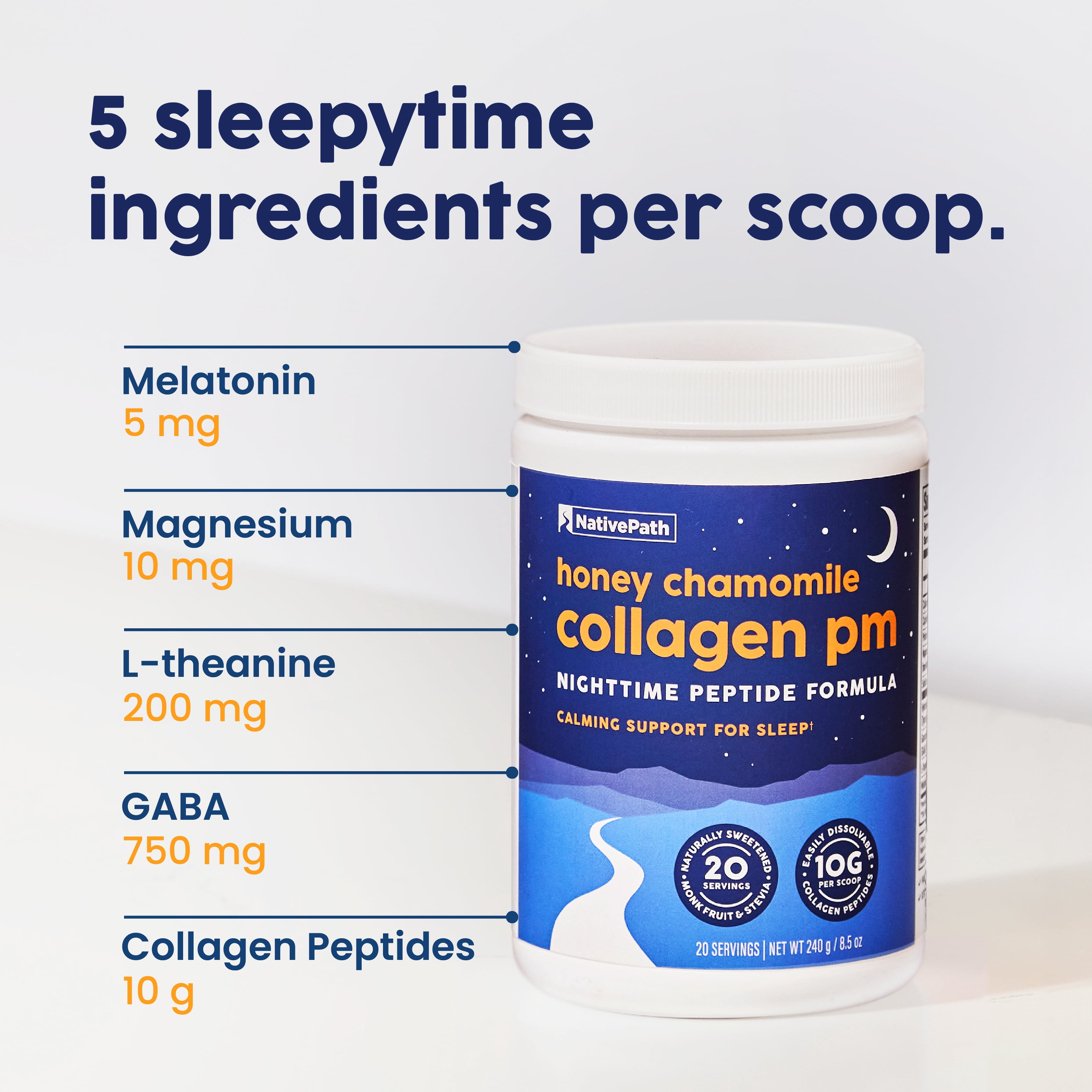 NativePath Collagen PM Honey Chamomile, Sleep Support with Melatonin & Magnesium, 20 Servings