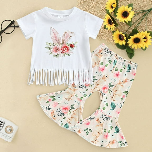Easter Outfitss for Girl Toddler Girls Short Sleeve Easter Rabbit Flower Prints Tops Pants 2PCS Outfits Clothes Set for Babys Clothes