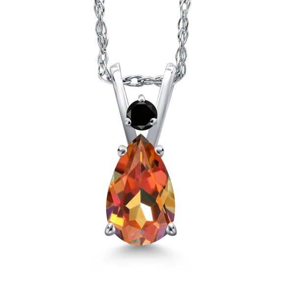 Gem Stone King 14K White Gold Ecstasy Mystic Topaz and Black Diamond Pendant Necklace for Women | 0.87 Cttw | Gemstone November Birthstone | Pear Shape 7X5MM | With 18 inch Chain
