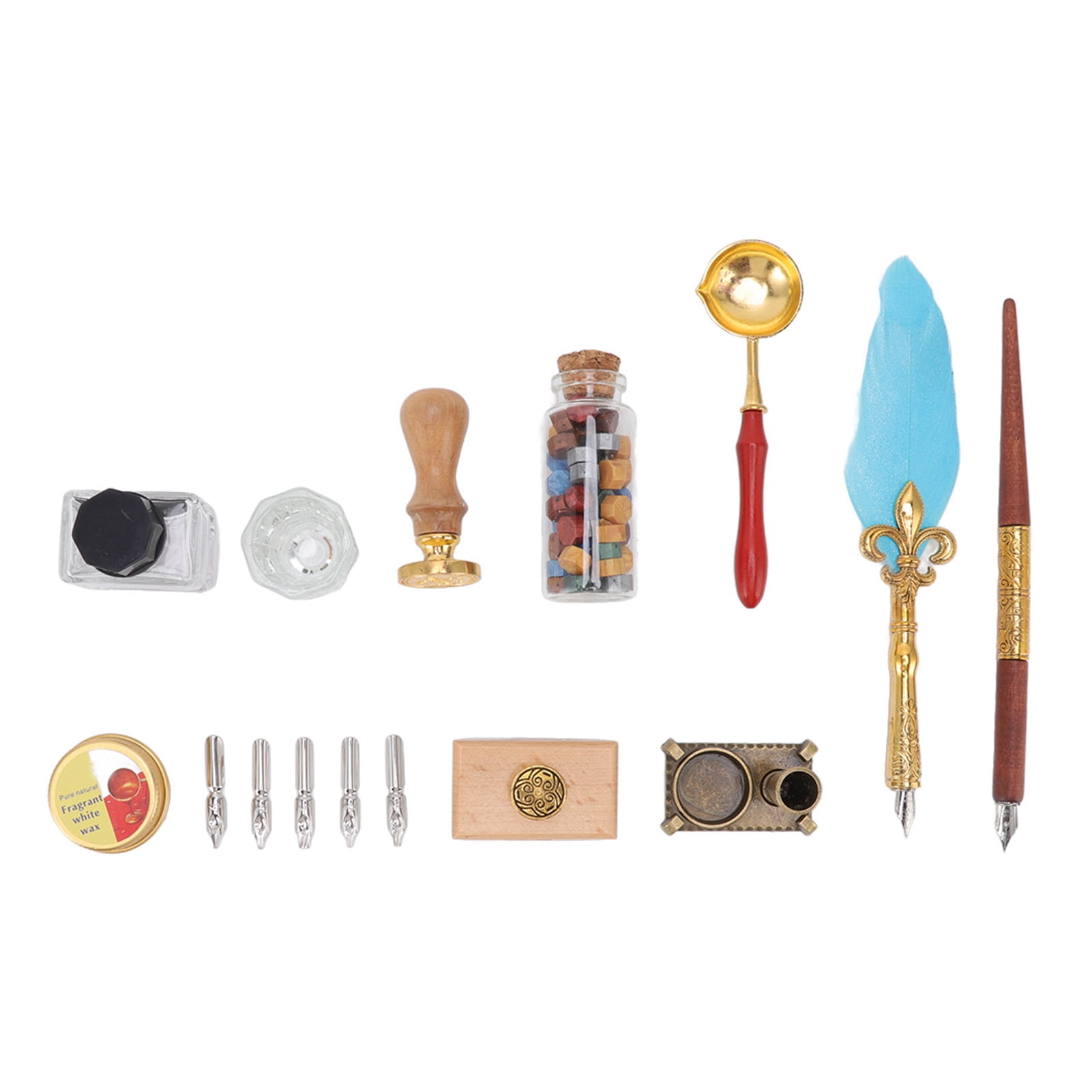 YAHHU European Style Feather Pen Set, Vintage Calligraphy Quill Pen Set with Blotter Stamp, Melting Wax Spoon, and 5 Replaceable Nibs for Art and Gifting (11.42 inches / 29.00 cm)