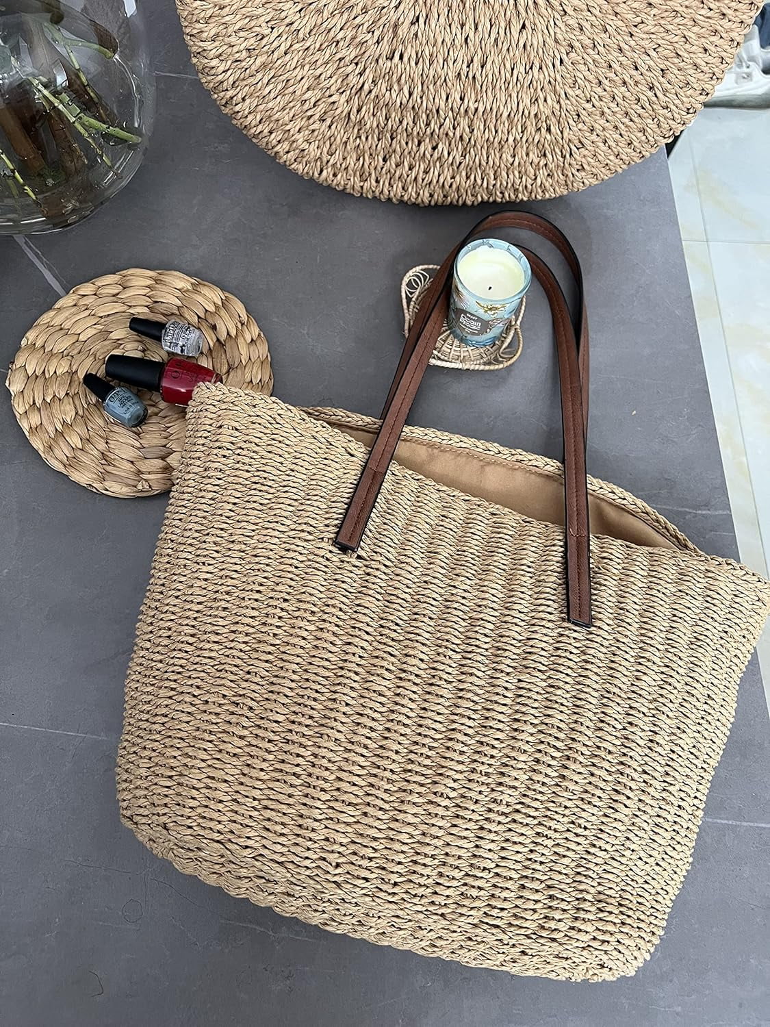 CAILDANL Straw Bags For Women | M Size Travel Straw Totes Bag Woven Summer Handmade Shoulder Bag Handbag