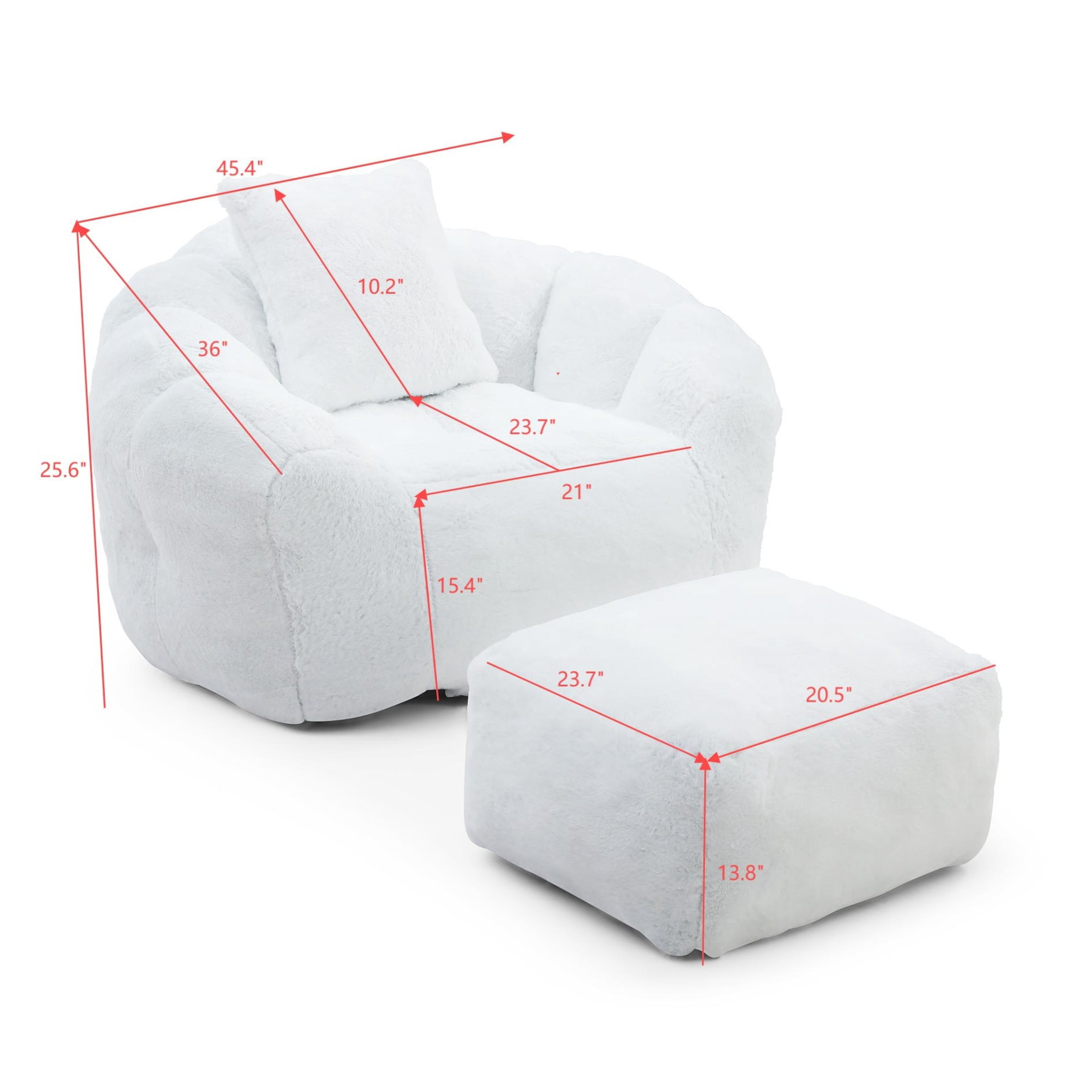 Gaint Bean Bag Chair with Ottoman, Comfy Faux Fur Armchair for Adults and Teens, Shell-Shaped Reading Chair Floor Sofa for Living Room, White