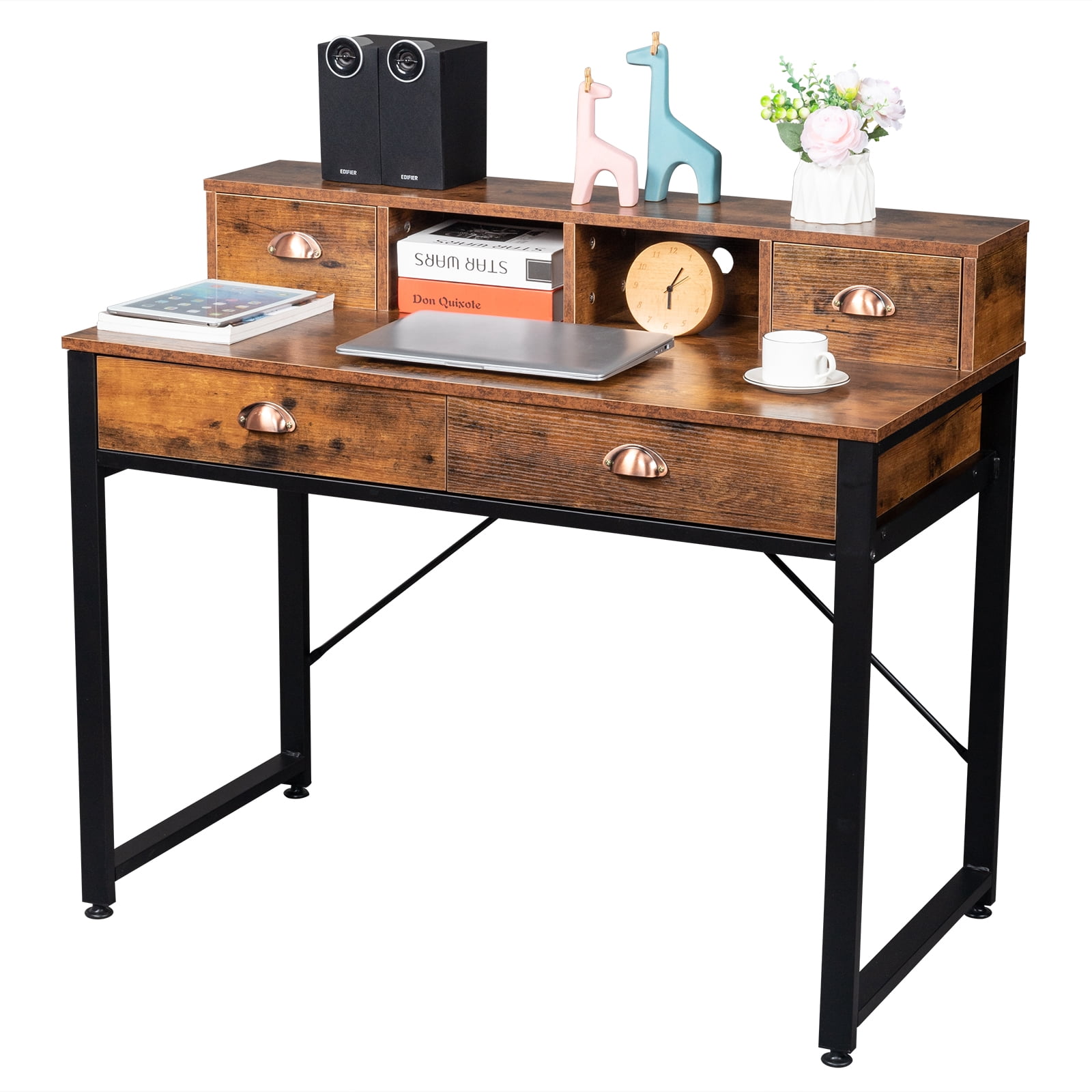 Wood Table Top Study Computer Desk, 2 Small Drawers 2 Large Drawers, Black Steel Frame Particle Board
