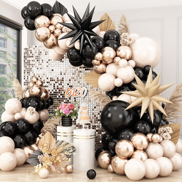Kit de arco para globos BTZO negro, dorado y blanco arenoso con lámina en forma de estrella