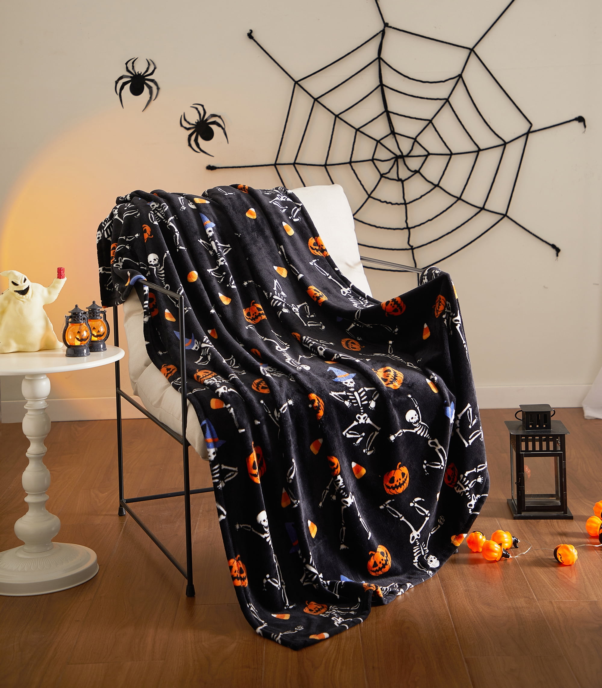 (2 pack) Way To Celebrate 50"x60" Skeletons Rolled Plush Throw