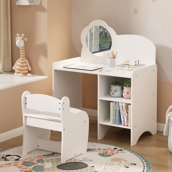 Kids Vanity Table with Mirror and Chair with Storage Shelves,Study and Activity Table for Girls and Boys,Playroom,Bedroom Furniture,White