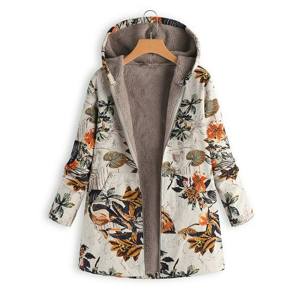 Lolmot Womens Winter Warm Outwear Floral Print Hooded Pockets Vintage Oversize Coats