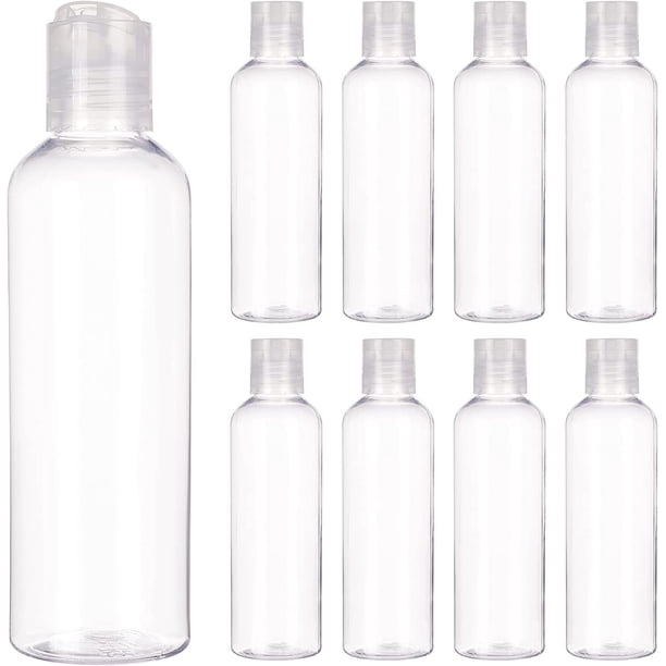 Paquete de 8 botellas de plástico PET transparentes rellenables de 200 ml (6.7 oz) para viajes, con tapa abatible a presión.