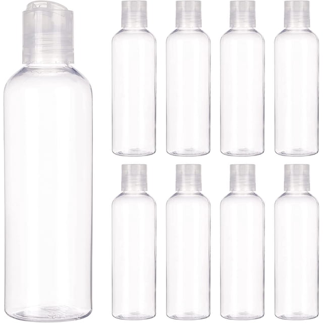 Paquete de 8 botellas de plástico PET transparentes rellenables de 200 ml (6.7 oz) para viajes, con tapa abatible a presión.