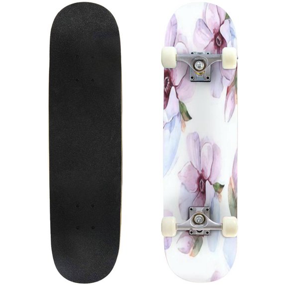 Seamless watercolor romantic floral pattern on a white background Outdoor Skateboard Longboards 31"x8" Pro Complete Skate Board Cruiser