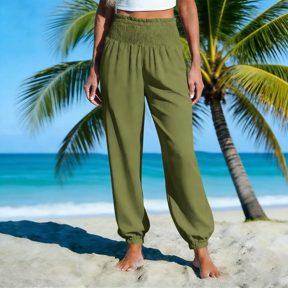 Roncen Womens High Waisted Pants Summer Casual Loose Wide Leg Palazzo Flowy Beach Trousers with Pockets